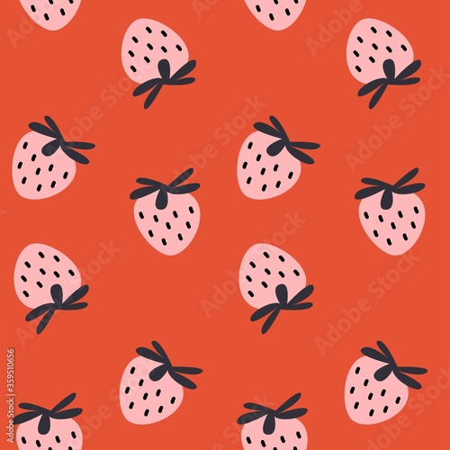 Modern strawberry seamless pattern. Big pink round strawberries on red. Big vibrant berries. Berry pattern design for textile, web banner, cards. Fresh summer fruits. Pink berries and fruits.