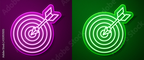 Glowing neon line Target with arrow icon isolated on purple and green background. Dart board sign. Archery board icon. Dartboard sign. Business goal concept.  Vector Illustration