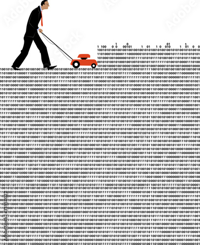 Man with a lawnmower trimming a field of computer code, EPS 8 vector illustration