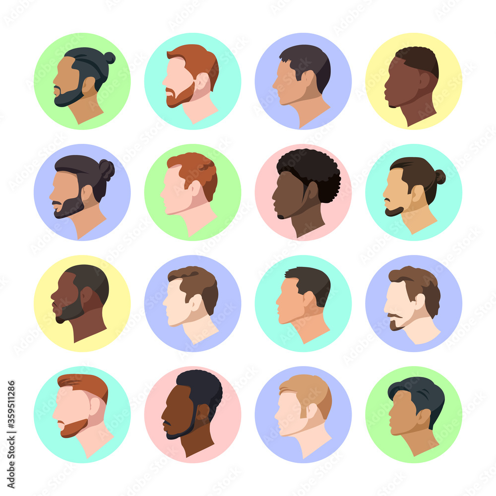 Set vector illustration portraits of men in profile of various nationality. Male heads european and asian and also afro-american in cartoon style on color background. Set vector illustration portraits of men in profile of various nationality. Male heads european and asian and also afro-american in cartoon style on color background.