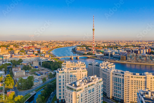 Saint Petersburg. Russia. Rivers Of Petersburg. Neva from a height. New districts in the city of St. Petersburg. Modern urban architecture. Cities of Russia. Summer trip to Russia.