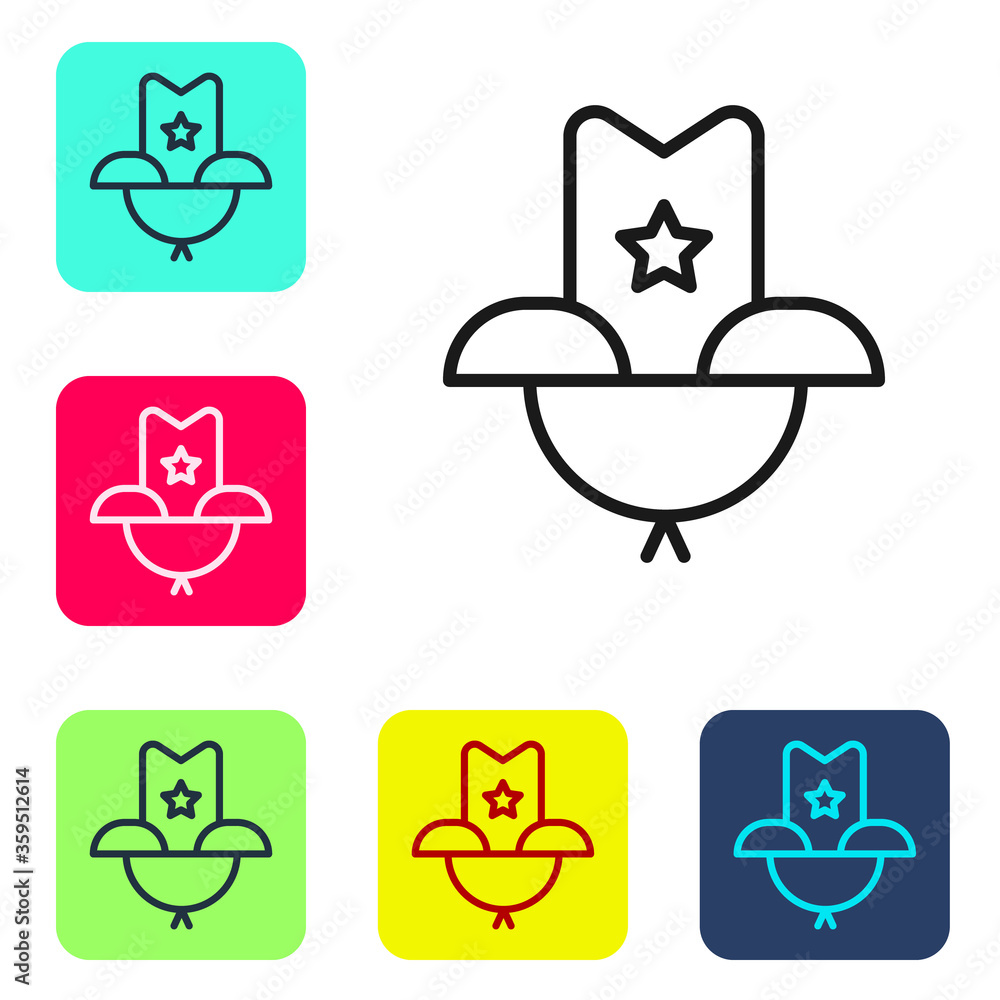 Black line Western cowboy hat icon isolated on white background. Set icons in color square buttons. Vector Illustration Black line Western cowboy hat icon isolated on white background. Set icons in color square buttons. Vector Illustration