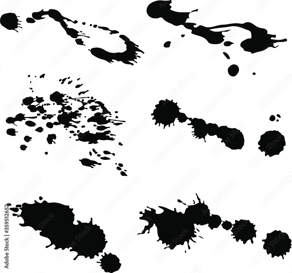 Black spray of ink. Set of splattered blots. Grungy black elements. Inky spots