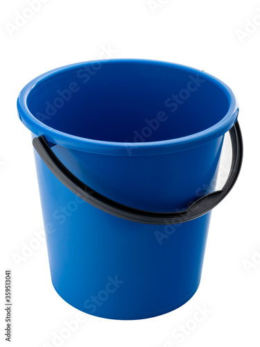 blue plastic bucket with black handle