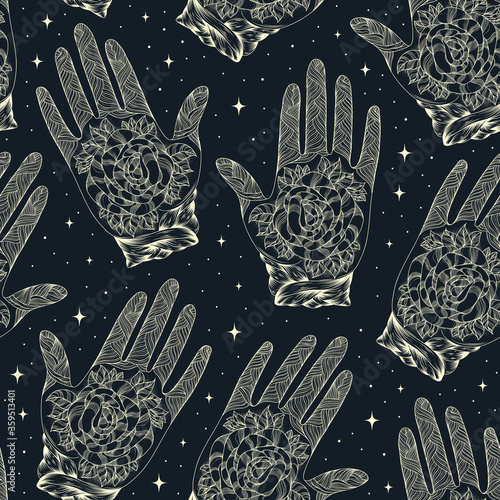 Vector drawn seamless pattern, decorated tattooed arm with rose. Ornamental graphic yoga hand of the cosmic universe. Design print t-shirt, fabric. Pattern yellow color line on a cosmos dark back 