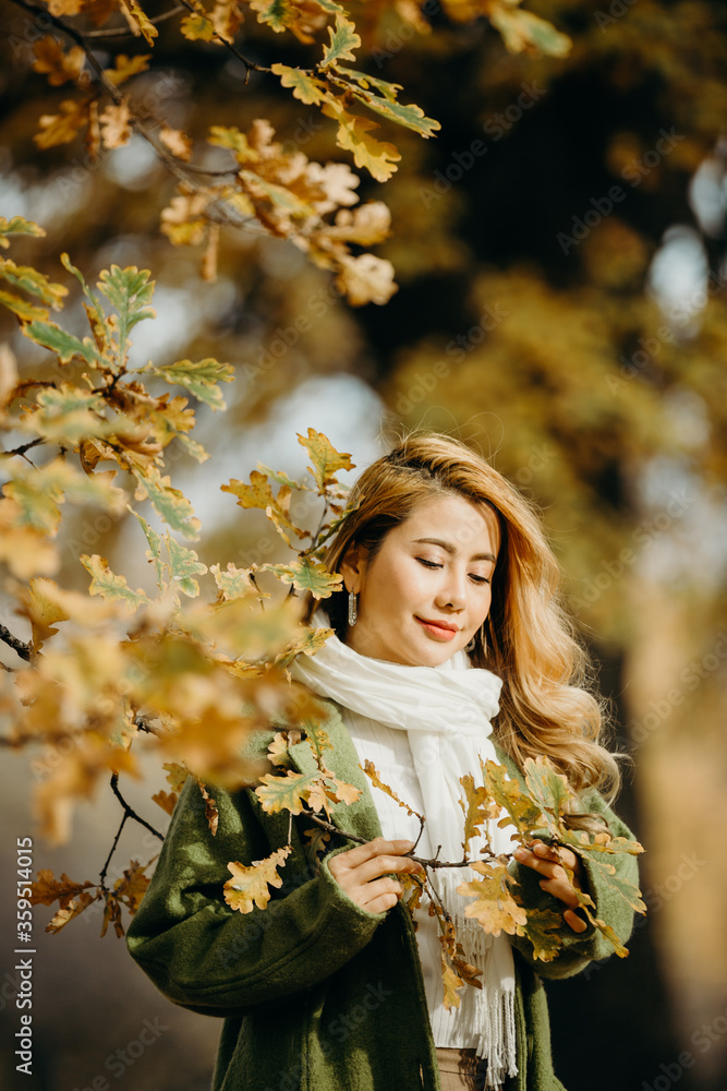 Beautiful Autumn Asian woman with Autumn Leaves on Fall Nature Background. Beautiful Autumn Asian woman with Autumn Leaves on Fall Nature Background.