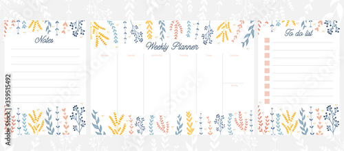 Vector weekly planner, botanical style. Floral Weekly Planner template. To do list, Notes pages. Minimalist style, gentle colors. Organizer for week plans. Schedules. Hand drawn vector illustration