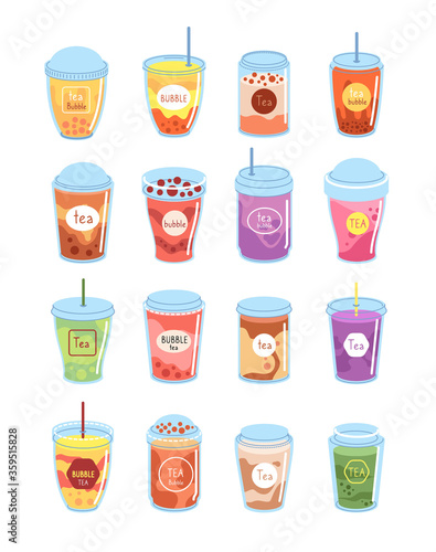 Bubble tea. Boba milk dessert, cup drink. Taiwan drinking lifestyle, cold latte, mocha coffee. Fruit smoothie milkshake vector illustration. Beverage drink with pearl delicious, boba milk cocktail