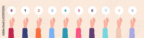 Hand holding cards. Judges marks, color scorecards in hands. Competition scores or feedback, game contest numbers tables. Voting vector set. Score number holding and showing for voting illustration