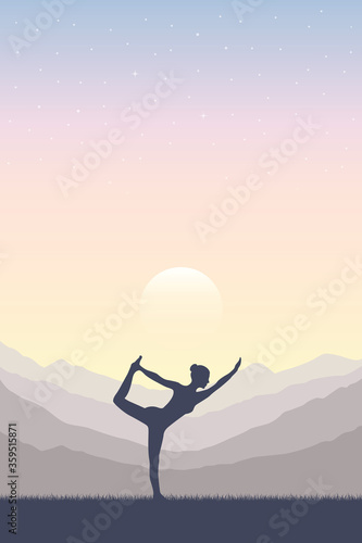 girl makes yoga on mountain landscape vector illustration EPS10