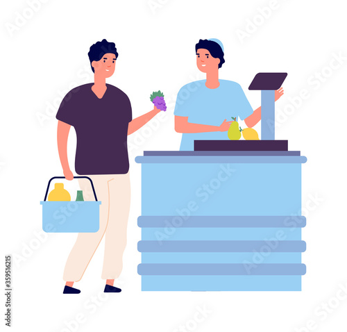 Man buy food. Market checkout, cashier and buyer. Grocery store flat scene. Isolated shop worker and customer vector characters. Market checkout, customer at counter with basket illustration