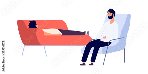 Psychotherapist and patient. Flat man on psychotherapy session. Psychologist consulting depressed guy vector illustration. Psychotherapist or psychologist, psychiatry and psychology therapy