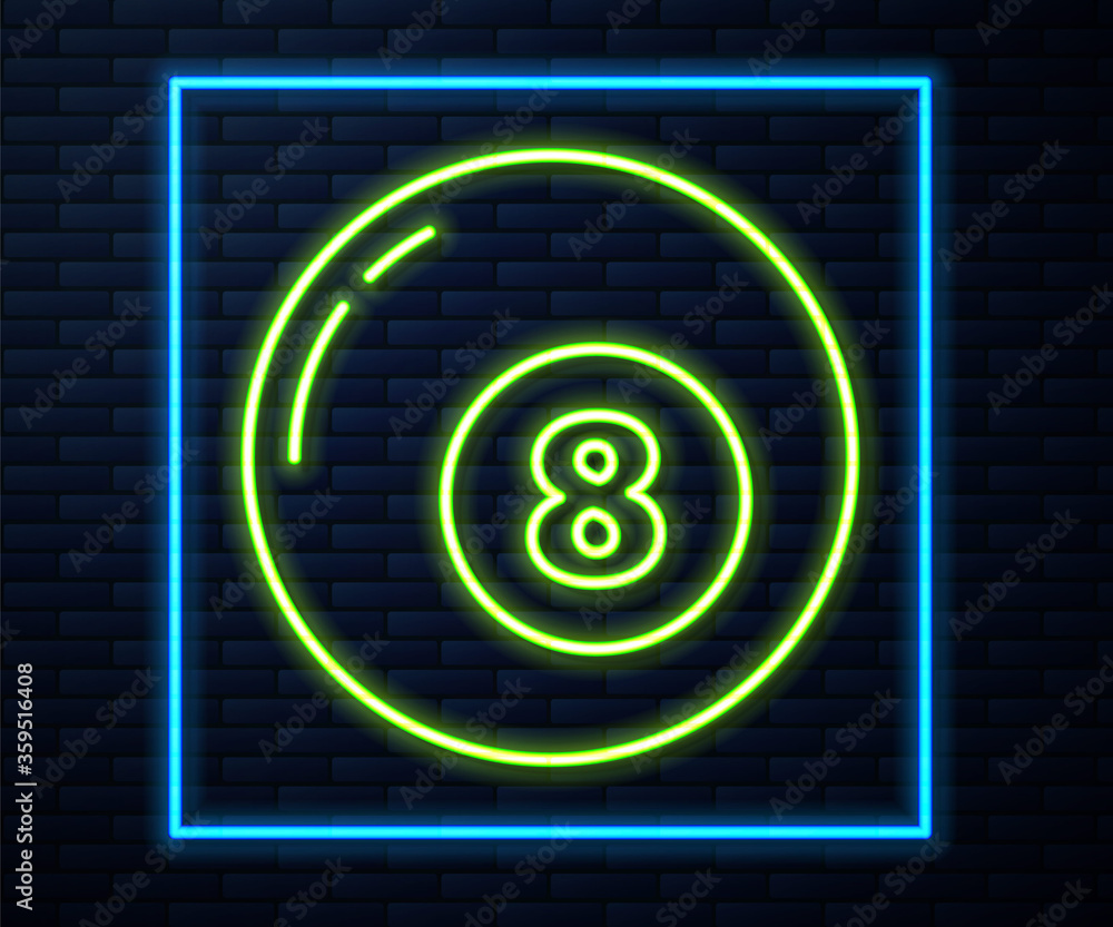 Glowing neon line Billiard pool snooker ball icon isolated on brick wall background.  Vector Illustration