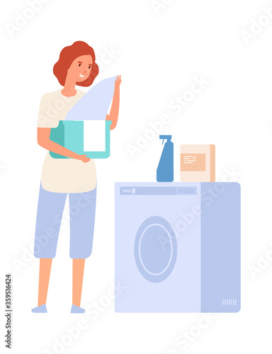 Woman and washing machine. Laundry service, girl with cloths. Flat female doing housework, isolated housewife vector character. Woman washing in laundry, household and housework illustration