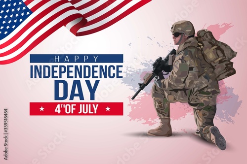 Fourth of July american Independence Day. soldier with gun and flag. Vector illustration
