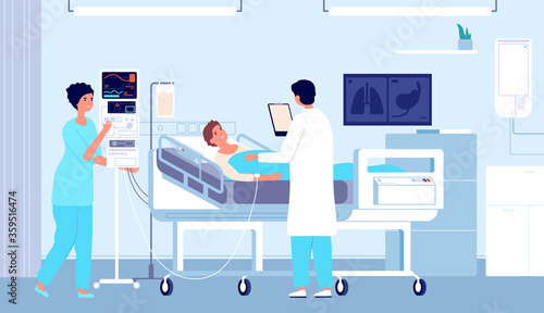 Hospital room. Patient in bed, doctor nurse with dropper giving medical care. Flat intensive therapy treatment clinic vector illustration. Medical care diagnosis, operating and examination