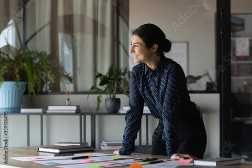 Φωτογραφία Indian business coach accomplish preparation for seminar feel satisfied looking in distance