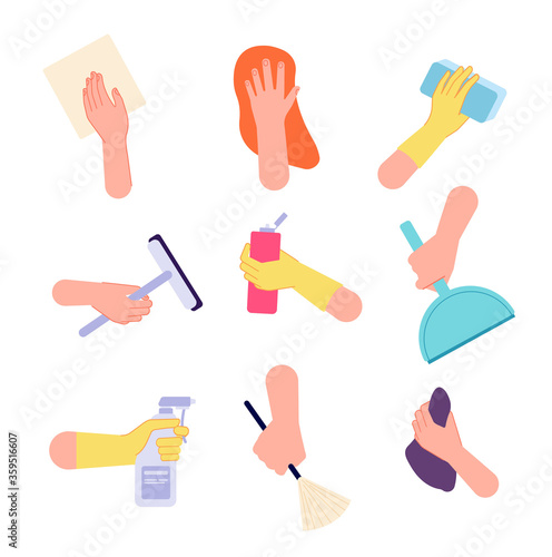 Hand cleaning. Hands watering, holding spray bottle brush sanitary wipes. Isolated housework icons with detergent tools vector illustration. Hand with cleaner tools, spray equipment