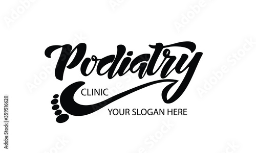 Podiaty clinic logo, isolated on white background. Hand drawn lettering typography. Vector illustration. Design for podiatry clinic, company, business.