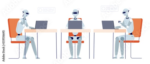 Chatbot customer support. Modern robot chatting, bot service or hotline. Smart technology in business, cyborg operator vector illustration. Service support chatbot, conversation online