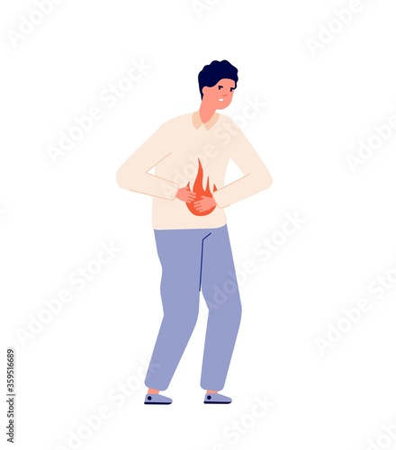 Heartburn. Person stomach problem, gastroesophageal reflux or high acidity. Gastric disease, man bloating abdomen pain vector illustration. Heartburn problem, digestive and stomachache