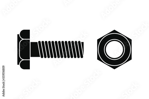 Black nut and bolt icon. Vector stock flat icon isolated on a white background.