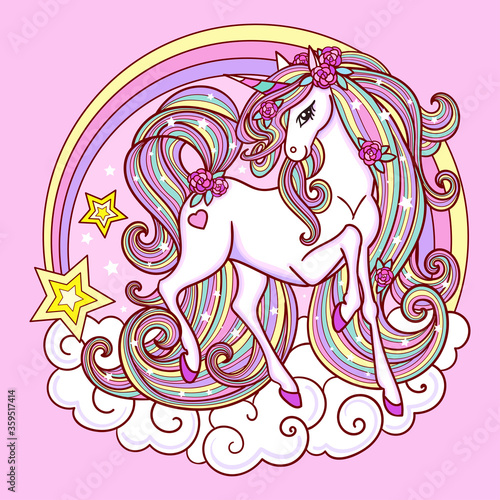 Beautiful unicorn with a long mane and a rainbow. Children's design. Vector illustration