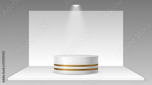 Empty stand with light. Realistic pedestal platform mockup, white showroom wall and floor. 3D exhibition expo or business trade pavilion vector illustration. Empty podium, light pedestal platform