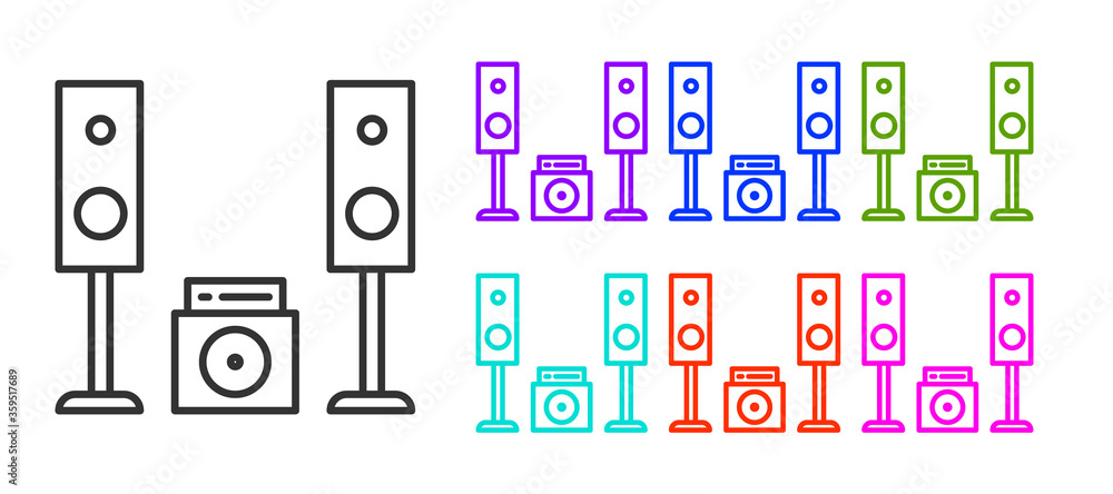 Black line Home stereo with two speaker s icon isolated on white background. Music system. Set icons colorful. Vector Illustration. Black line Home stereo with two speaker s icon isolated on white background. Music system. Set icons colorful. Vector Illustration.