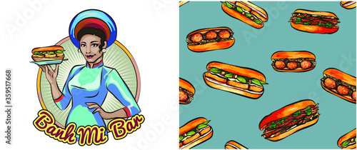 Banh Mi is Vietnam's baguette sandwich with greens and fillings of choice like Meatball or Tofu of one's options. Top View or Flat Lay style image. Editable Clip Art.