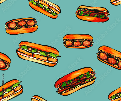 Takeaway banh mi seamless pattern background. Vietnamese style of sandwich. Hand drawn Asian food, Vietnamese street food background. Great for wallpaper, menu design. the background for the design of