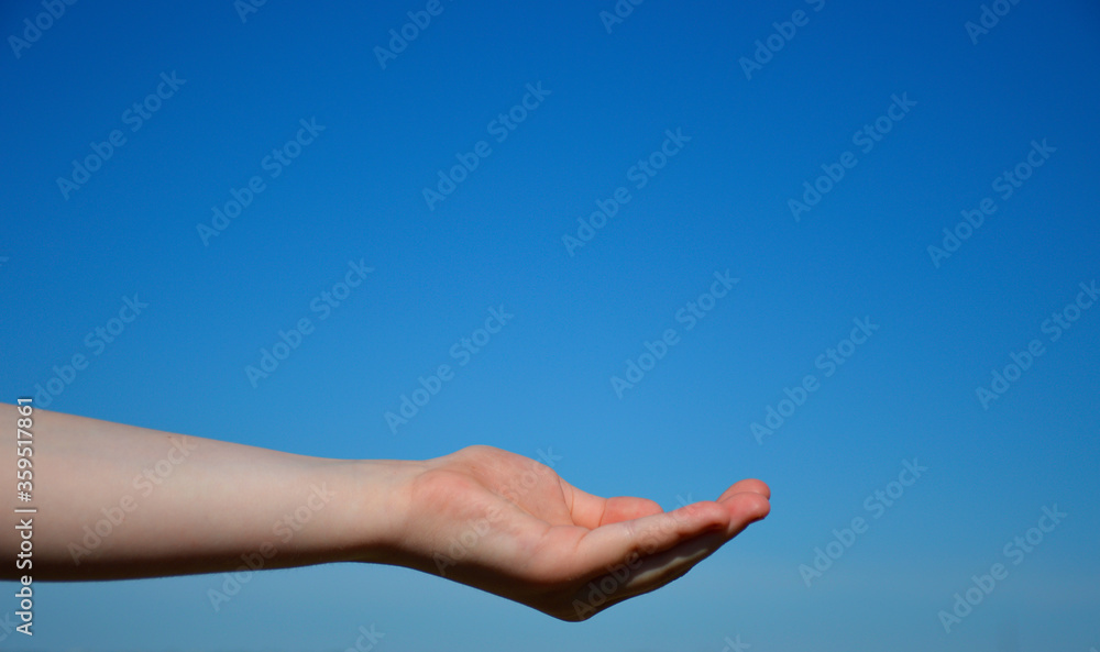 a woman's hand against the blue sky. the palm of the hand is folded, as if asking for something a woman's hand against the blue sky. the palm of the hand is folded, as if asking for something