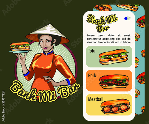 Banh Mi colorful illustration. Vector illustration of Vietnamese cuisine. APP for the phone, design and layout for your business. Banh Mi is Vietnam's baguette sandwich with greens and fillings of cho