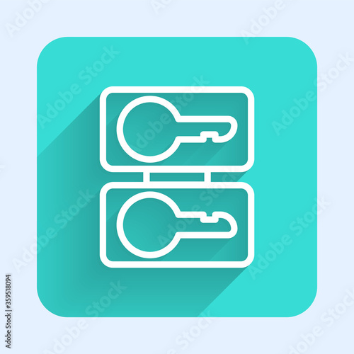 White line Metal mold plates for casting keys icon isolated with long shadow. Set for mass production and forgery of the keys. Green square button. Vector Illustration.