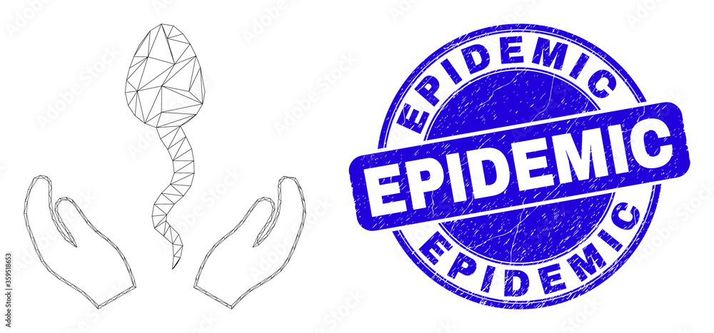 Web carcass sperm care hands pictogram and Epidemic seal. Blue vector rounded scratched seal with Epidemic caption. Abstract carcass mesh polygonal model created from sperm care hands icon. Web carcass sperm care hands pictogram and Epidemic seal. Blue vector rounded scratched seal with Epidemic caption. Abstract carcass mesh polygonal model created from sperm care hands icon.