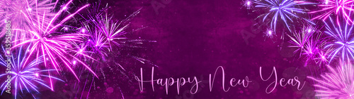 HAPPY NEW YEAR - Silvester background banner panorama long- Pink firework on pink texture, with space for text