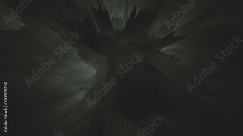 Epic dark oppressive space with an impossible peaked structure surrounded by a heavy atmosphere and dense fog