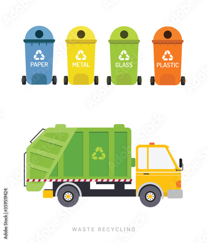 Waste removal, garbage truck and different types of trash bin flat style vector illustration. Isolated on white background. Waste sorting and transportation by truck. Waste recycling concept. © Alina Mosinyan