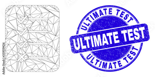 Web mesh task list page icon and Ultimate Test seal. Blue vector round grunge seal stamp with Ultimate Test title. Abstract carcass mesh polygonal model created from task list page icon.