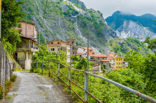 Carrara, Italy: Colonnata alleys, famous village in Apuan Alps for extraction of marble from quarries and pork fat delicacy (lard, bacon) called Lardo di Colonnata