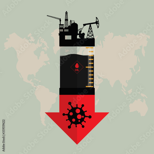 Oil crisis because outbreak of (pandemic) coronavirus concept. Design with Rig, Winch, Oil pump and red down arrow with COVID-19 sign. Decline in oil prices. World economic recession. Flat vector