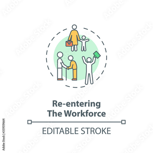 Re entering workforce concept icon. Work for elderly and young mother. Corporate employee. Search for job idea thin line illustration. Vector isolated outline RGB color drawing. Editable stroke