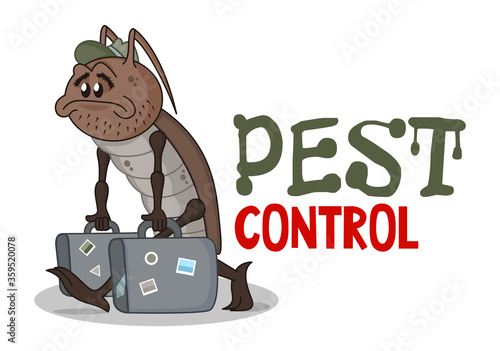 Funny pest control concept with sad homeless cartoon cockroach. Design for print, emblem, t-shirt, sticker, logotype, corporate identity, icon.