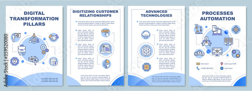 Digital transformation pillars brochure template. Improve company. Flyer, booklet, leaflet print, cover design with linear icons. Vector layouts for magazines, annual reports, advertising posters