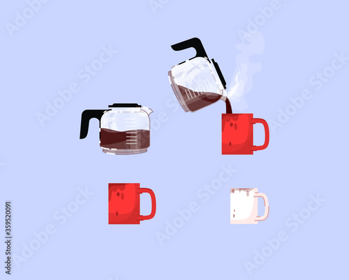 Caffeine addiction attributes semi flat RGB color vector illustrations set. Hot drink abuse, unhealthy coffeeholism problem. Coffee kettles and cups isolated cartoon objects pack on blue background