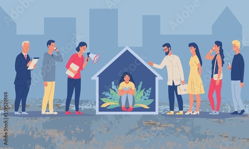 Social Isolation concept with person seeking refuge at home from lines of diverse people trying to their attention with megaphone and mobile devices, colored vector illustration photo