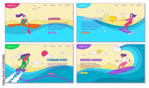 Four poster designs showing extreme water sports canoeing, surfing and fly boarding on ocean waves, colored vector illustration