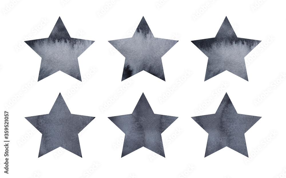 Black watercolor star collection. Hand painted watercolour sketchy illustration, cut out clip art elements for creative design decoration, stickers, banner, poster, card, scrapbooking, t-shirt print.
