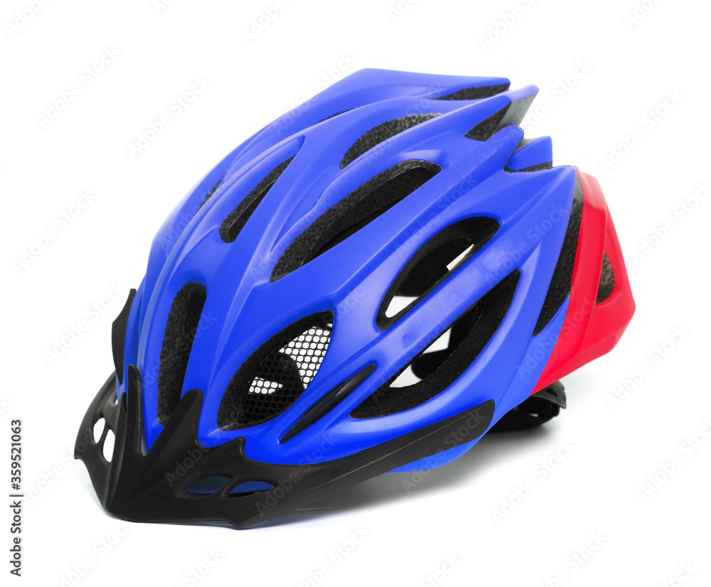 Blue with red bicycle helmet on white background Blue with red bicycle helmet on white background