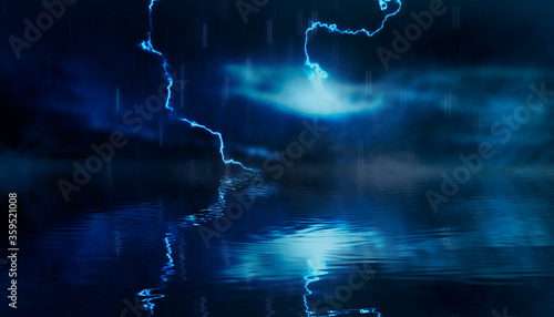 Dramatic background of the night sky, thunderstorm, lightning. Smoke, fog, smog against the background of the city landscape. Reflection of lightning in water. The river at night.